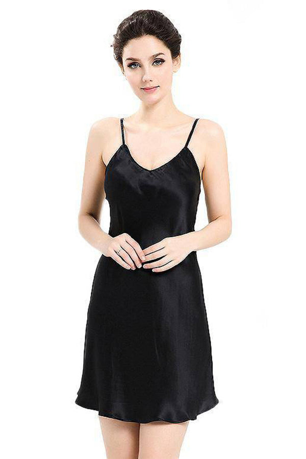 Women Luxury Short 100% Mulberry Silk Nighty-VL-CHM01-BLK