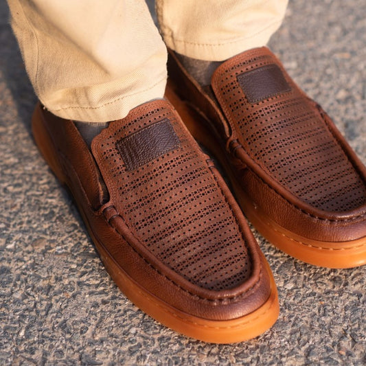Turkish-Made Dotted-Design Brown Leather Shoe Light Brown in Color