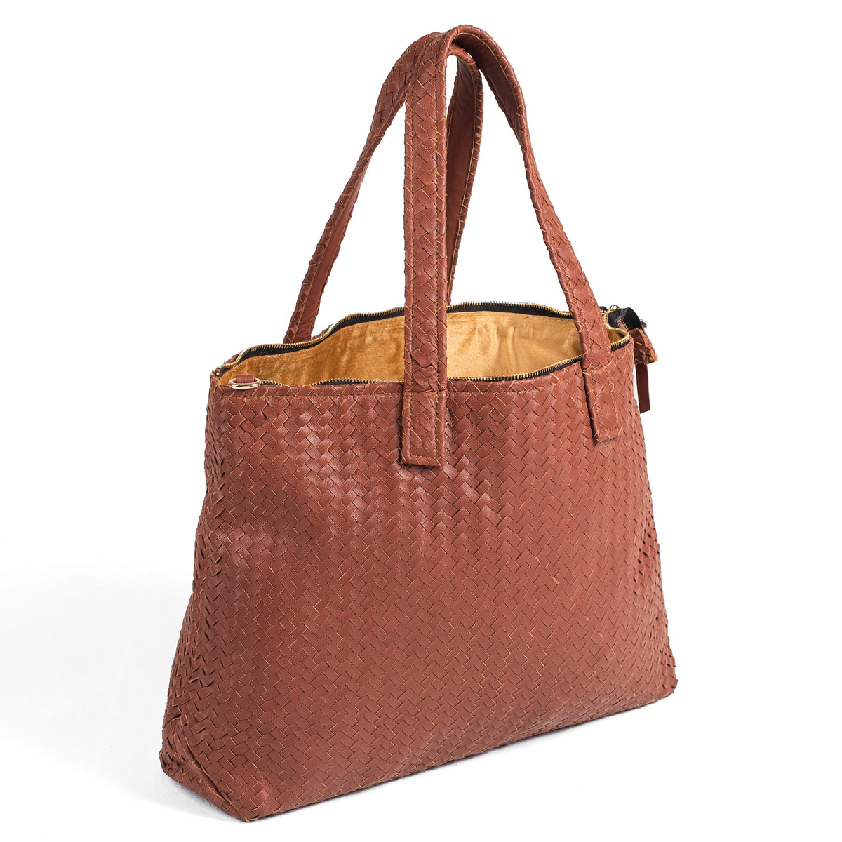 Handmade Woven Original Leather Bag With Zipper-Tan Brown