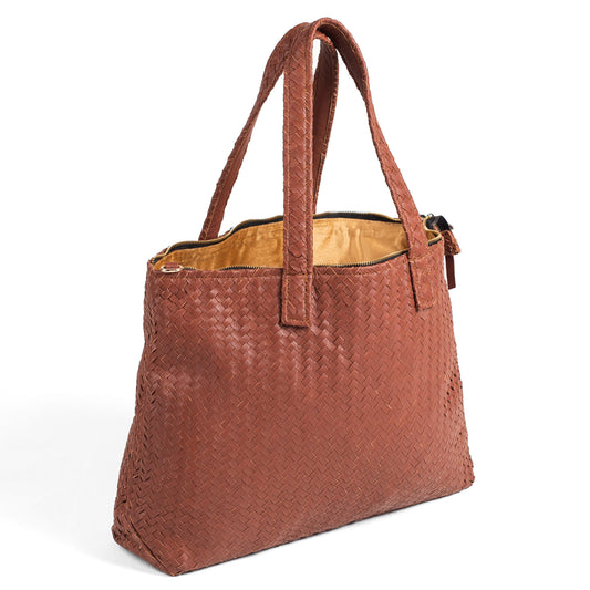 Handmade Woven Original Leather Bag With Zipper-Tan Brown