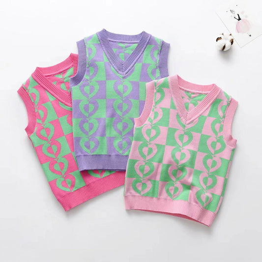 Baby Girl Sleeveless Multi Heart Print Sweater Multiple Color