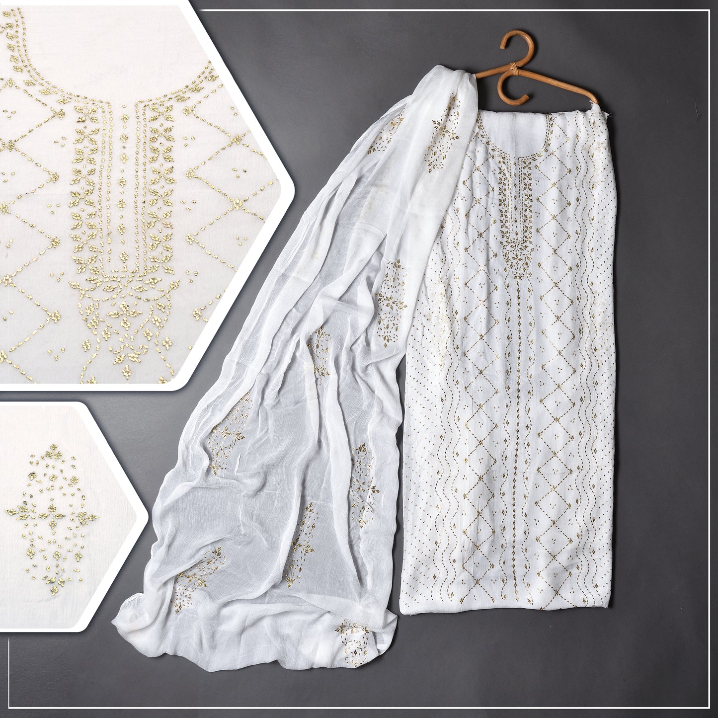 Elegant Chiffon with Mukesh embroidoyr women's wear, that meke you feel like royalty with intricate details of traditional Multani Art.-Eggshell