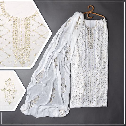Elegant Chiffon with Mukesh embroidoyr women's wear, that meke you feel like royalty with intricate details of traditional Multani Art.-Eggshell