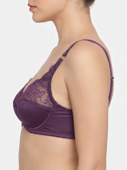 ROMANCE Forever, Half Lace Unpadded Polyester Jersey Bra, PURPLE