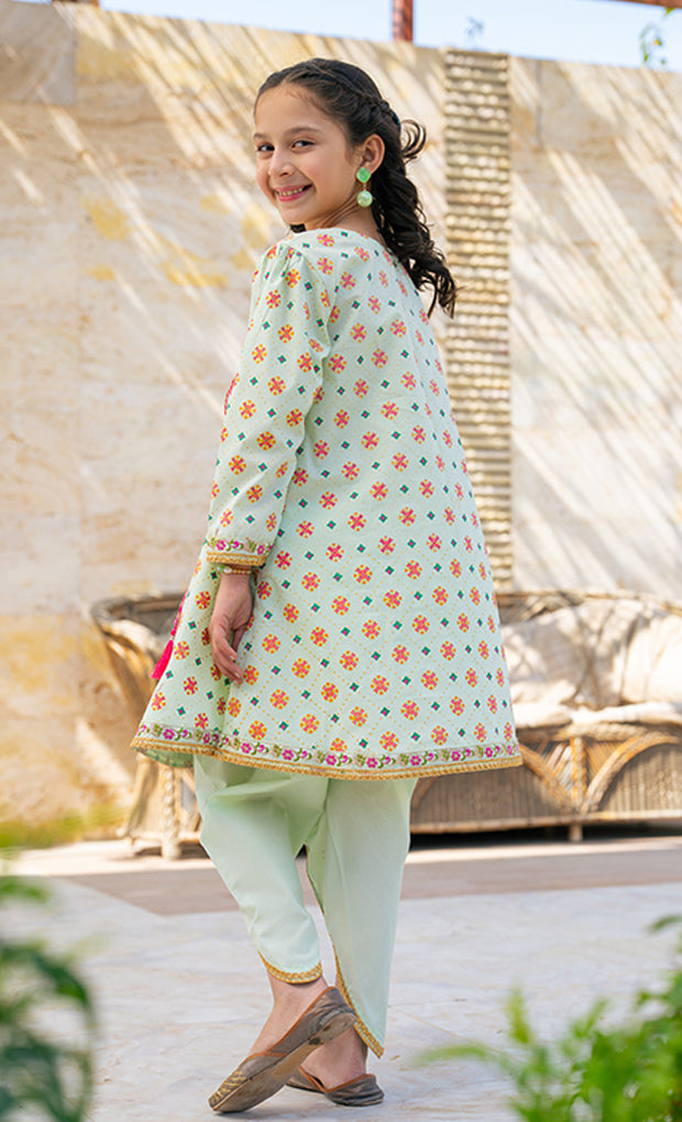 K-SFC-019,  TABLE PRINT ANGRAKHA FROCK WITH THE PAIR OF TULIP
