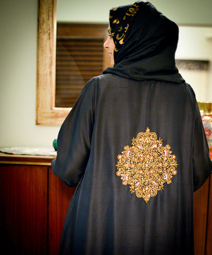 A007 BLACK CHIFFON KARANDI & SILK LAYERED CLOAK