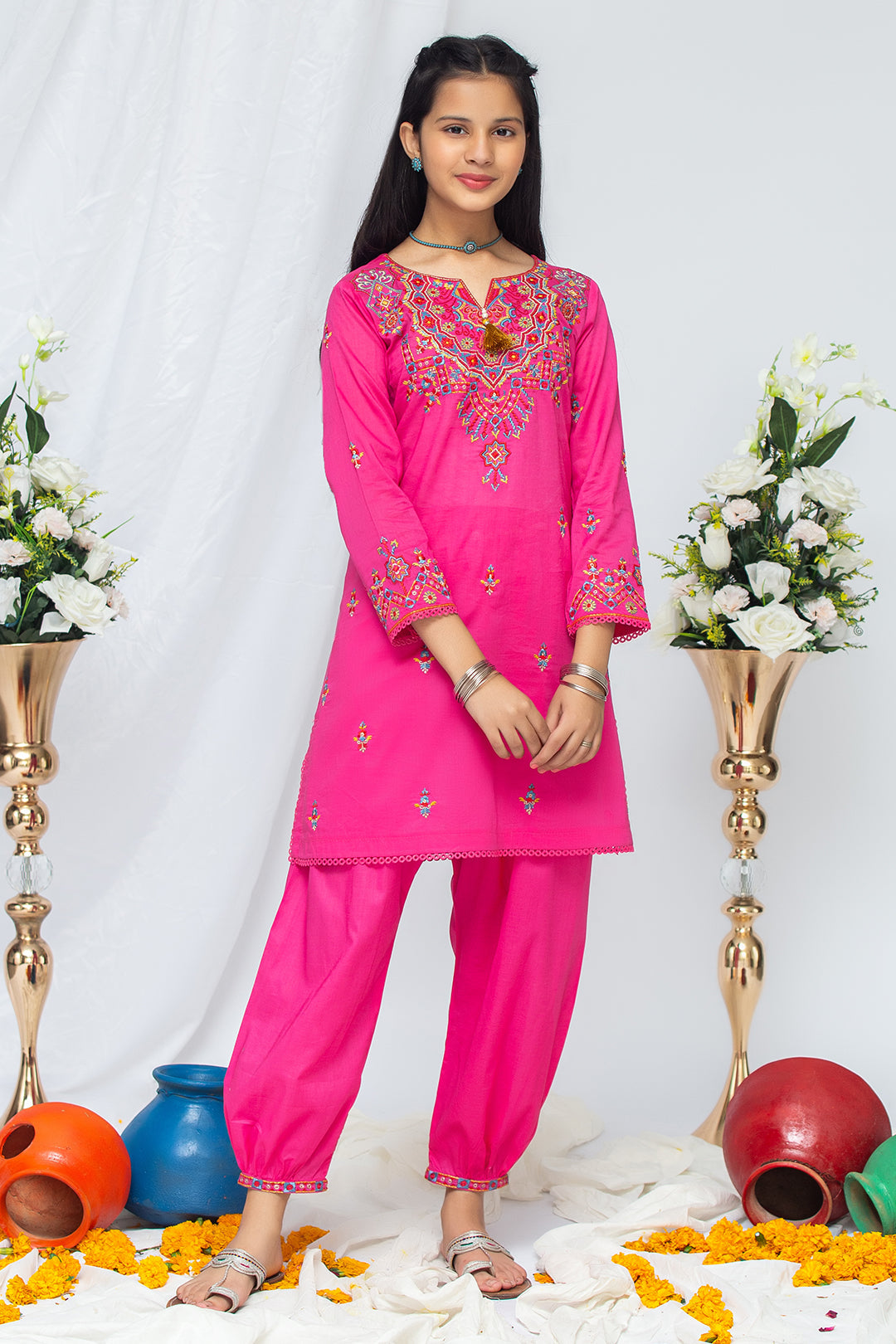 2Pcs Embroidered Suit Shirt & Cotton Trouser SKU: EMB-049