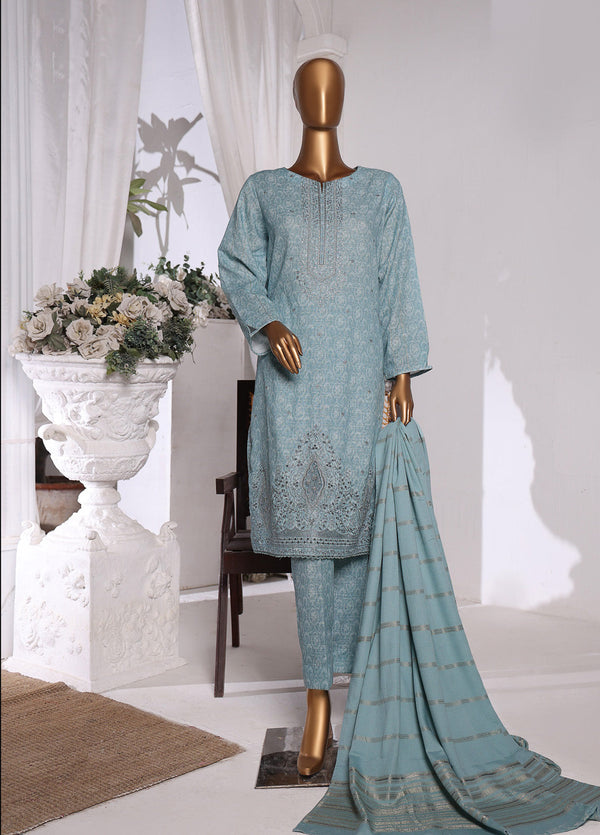 HZ Textile Embroidered Khaddar With Dyed Karandi Shawl 3 Piece Unstitched Suit HZ24KKS KES-69