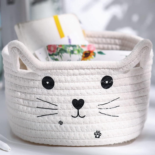 Cat-Shaped Kids Toy Basket  Cotton Rope Storage Basket (Small)