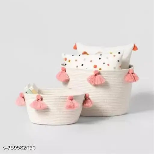 Round Cotton Rope Basket with Pink Tassels – Decorative Storage for Kids’ Rooms
