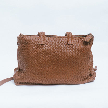 Handmade Woven Original Leather Bag With Zipper-Tan Brown