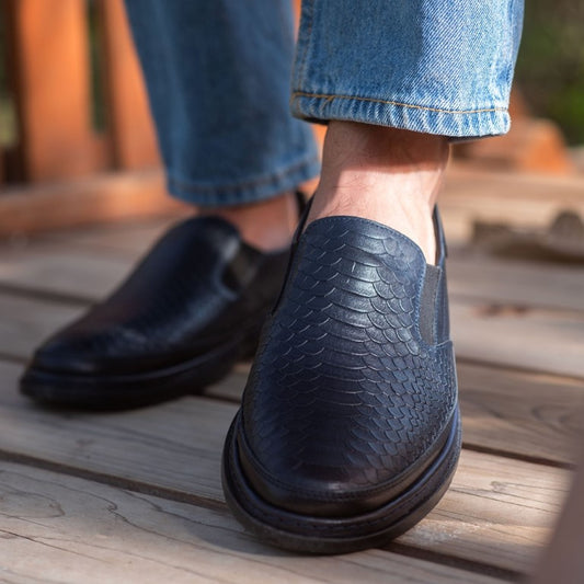 Turkish-made Snake-print Genuine Leather Shoes in Blue