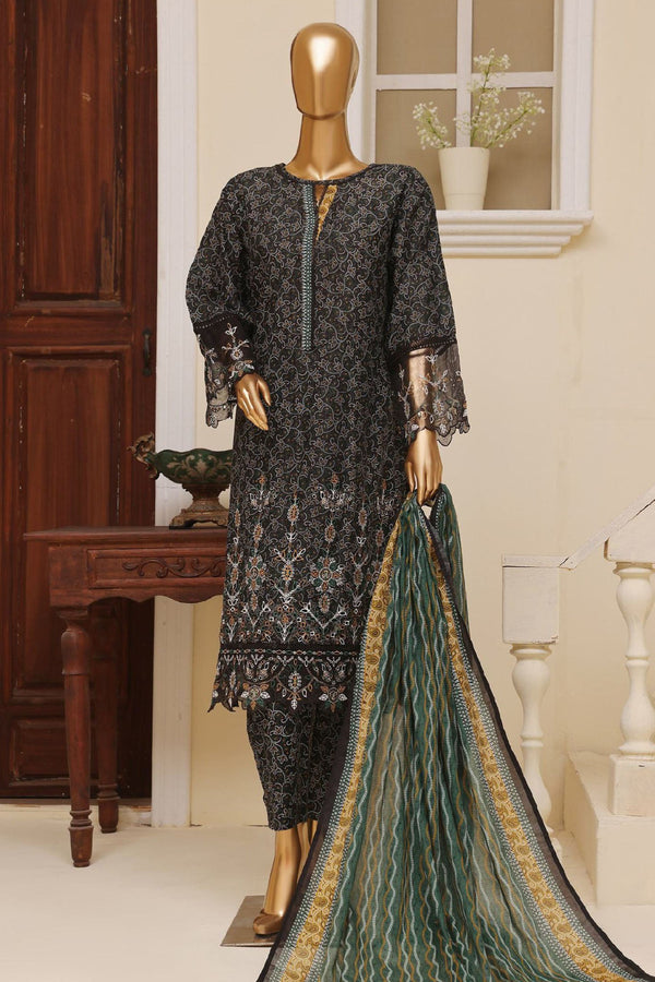 Bin Saeed Stitched 3 Piece Exclusive Emb Lawn Vol-02 Collection-SM-1581-Black