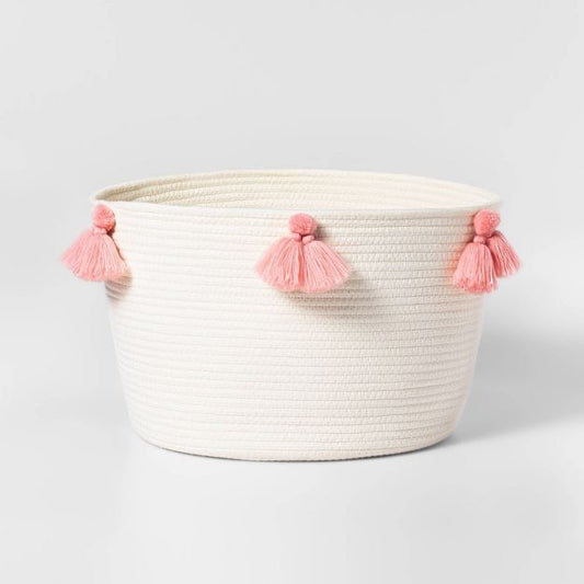 Round Cotton Rope Basket with Pink Tassels –Decorative Storage for Kids’ Rooms