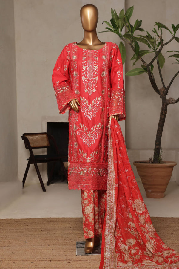 Bin Saeed Stitched 3 Piece Luxury Plain Cotton With Printed Back Vol-02 Collection'2025-NSM-2229-Orange