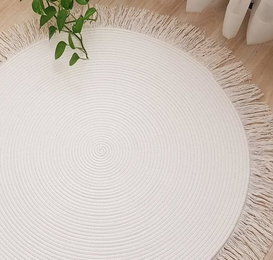 Cotton Rope Rug with Tassels  Round Boho Rug for Home Decor - 48 inches (4 ft)