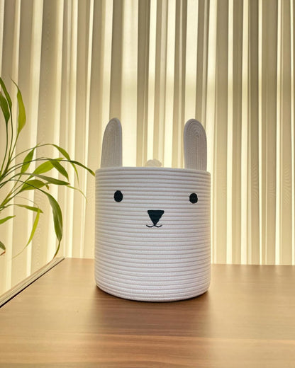 Bunny Toy Basket with Lid  Cotton Rope Storage for Kids Room (Large)