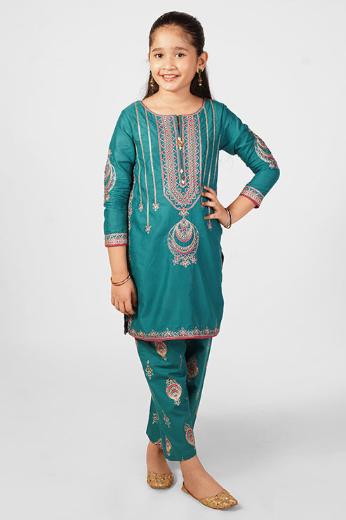 2PCS Embroidered with table print Suit In Ocean Green SKU: SFC-196