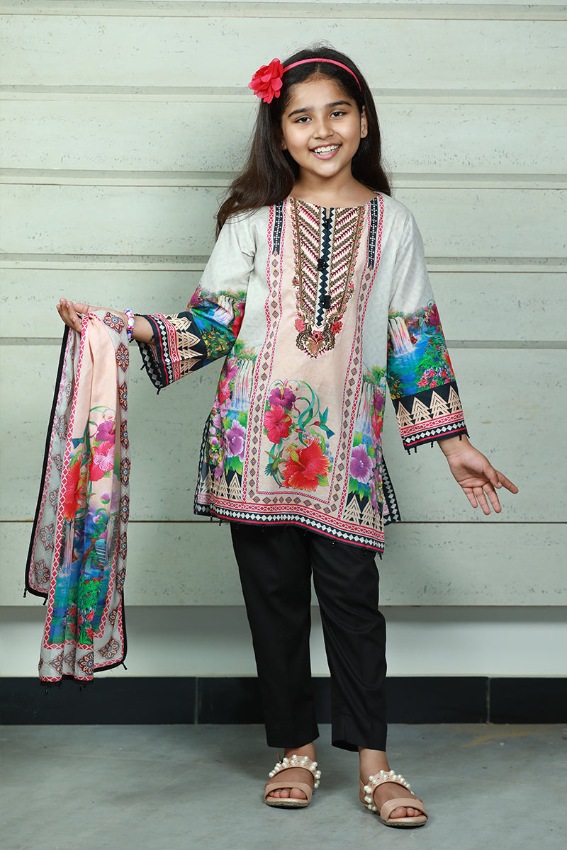 PRSDT-082 Digital Printed Embroidred Lawn Shirt, Dupptta & Cotton Trouser