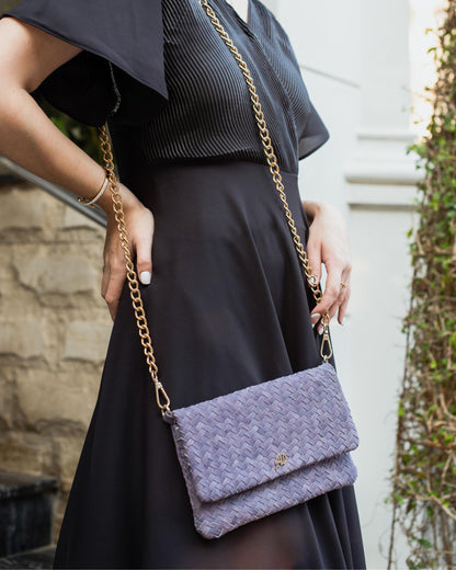 Woven Dreams Fold Over Cross Body Leather Clutch- Zipper
