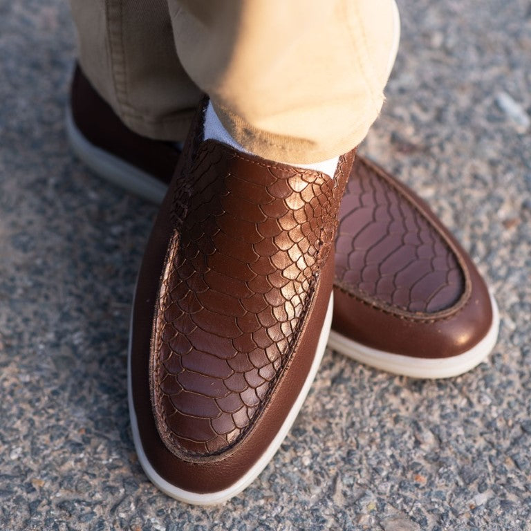Turkish-Made Crocodile Style Leather Shoes in Dark Brown Color