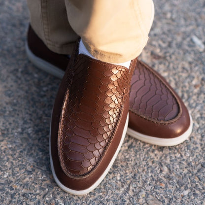 Turkish-Made Crocodile Style Leather Shoes in Dark Brown Color