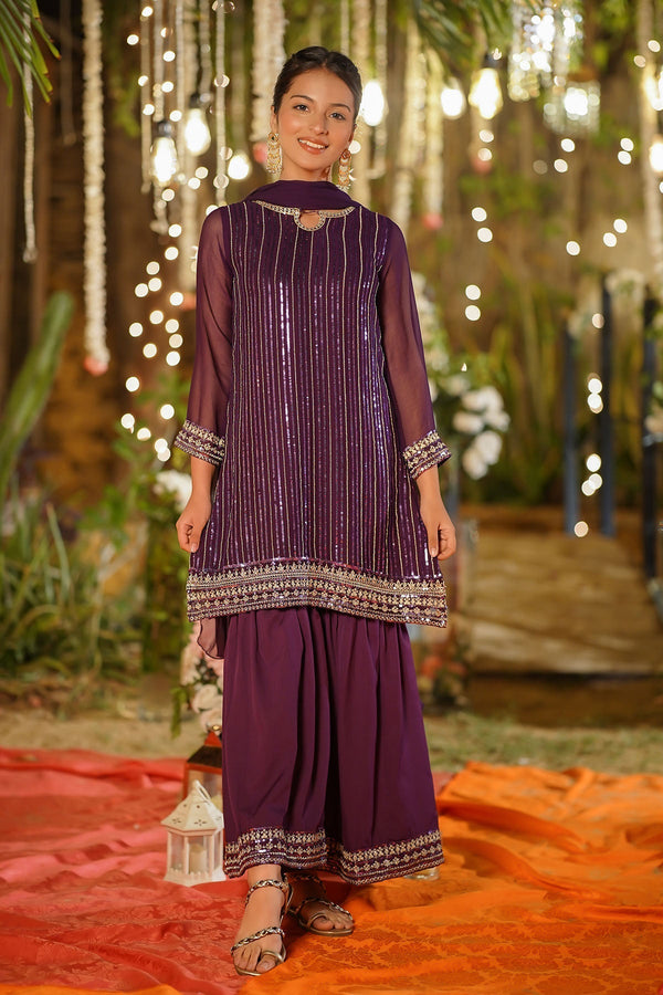 Ochre Clothing Girls Full Suits Chiffon Embroidered 3 Pc Suit