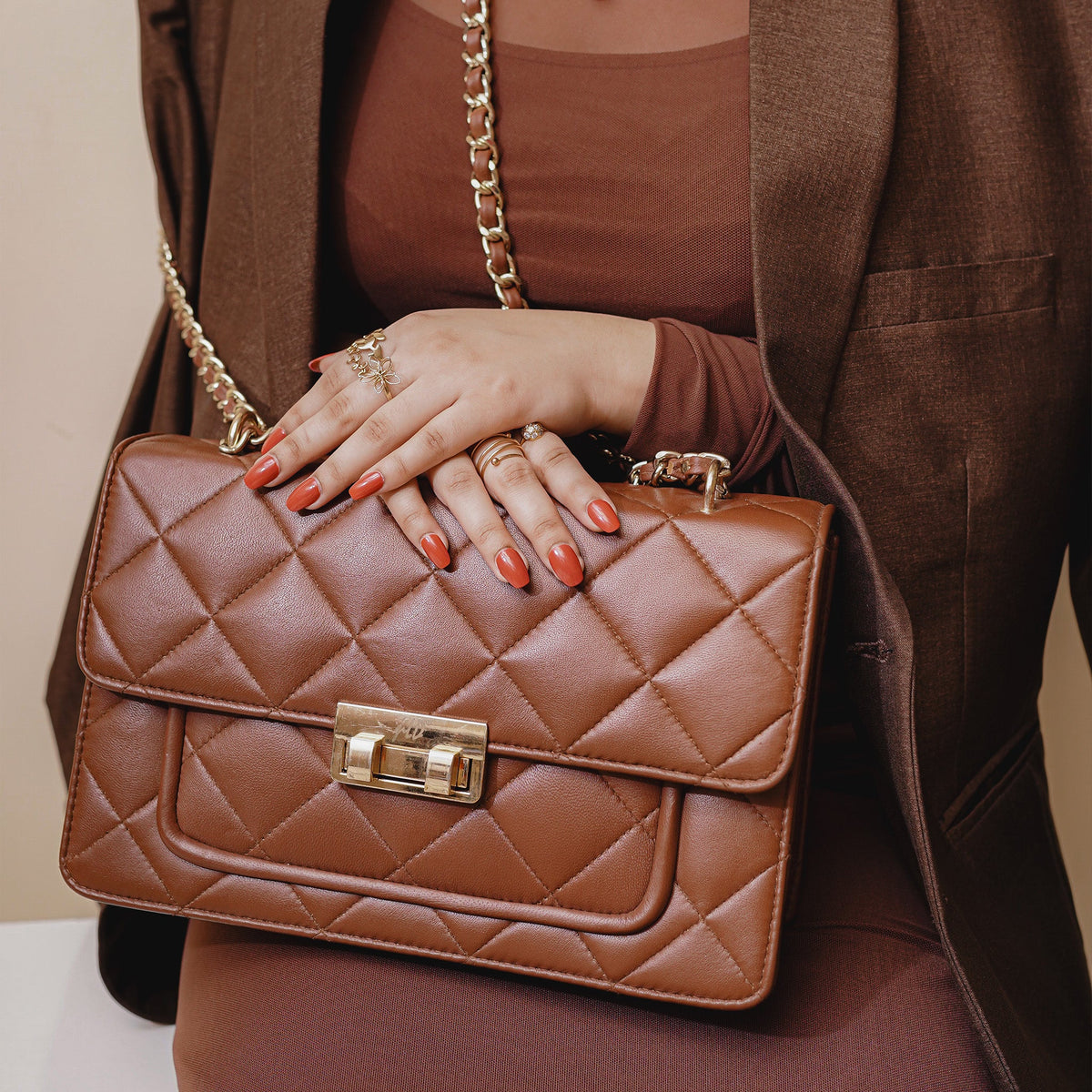 Flora Quilted Crossbody Leather Bag- tanbrown