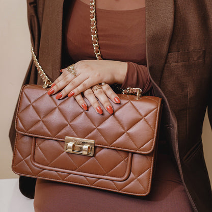 Flora Quilted Crossbody Leather Bag- tanbrown
