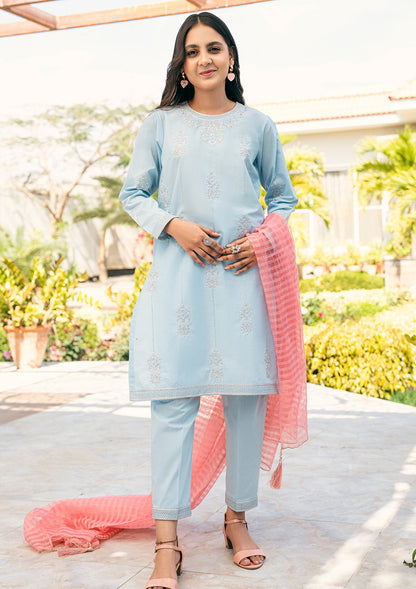 T-SFC-007, Embroidery shirt with plan trouser and pink dupatta, 3 pcs Suit