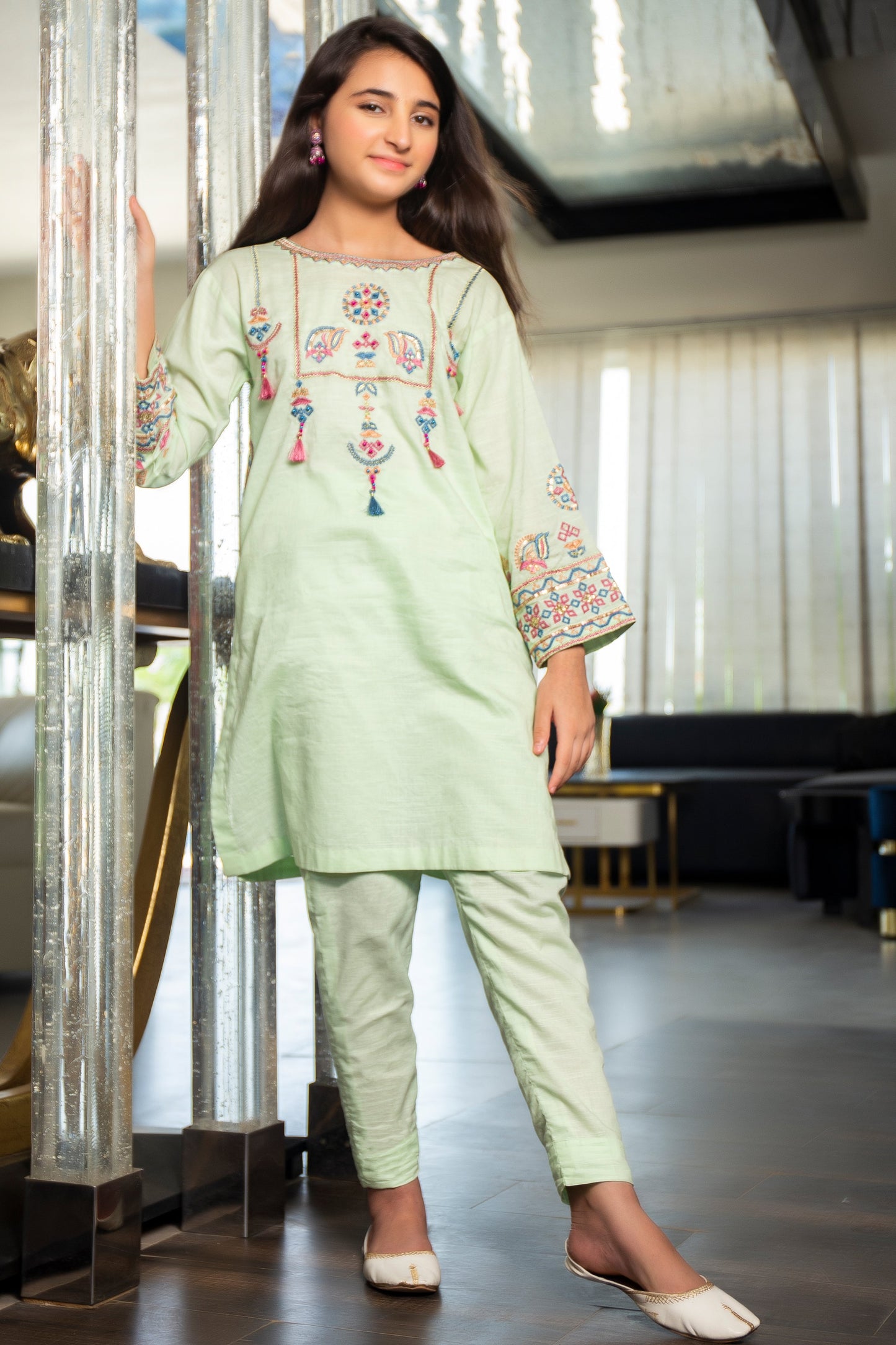 2PCS-061, Green lawn cotton 2 pc dress with mutli color embroidery