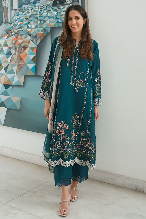 Festive Edit By Sahar Unstitched 3 Piece Emb Lawn Vol-02 Collection-EL-V2-S25-02-Teal Gardenia
