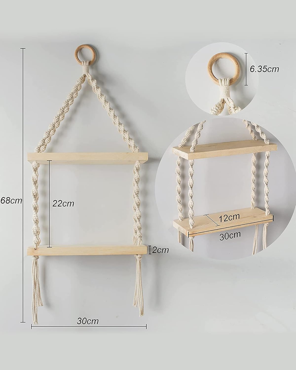2-Tier Macrame Floating Wall Shelf Hanging Wooden Shelves