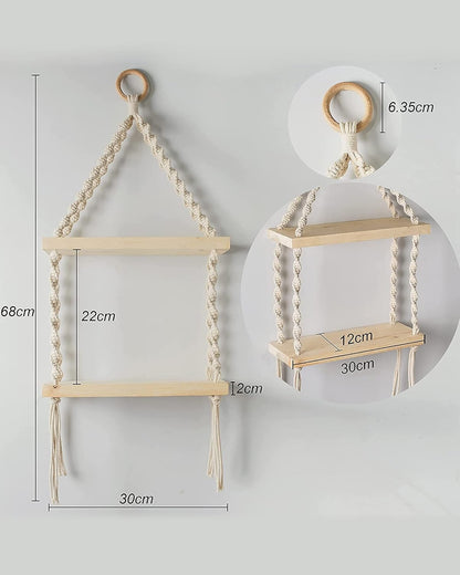 2-Tier Macrame Floating Wall Shelf Hanging Wooden Shelves