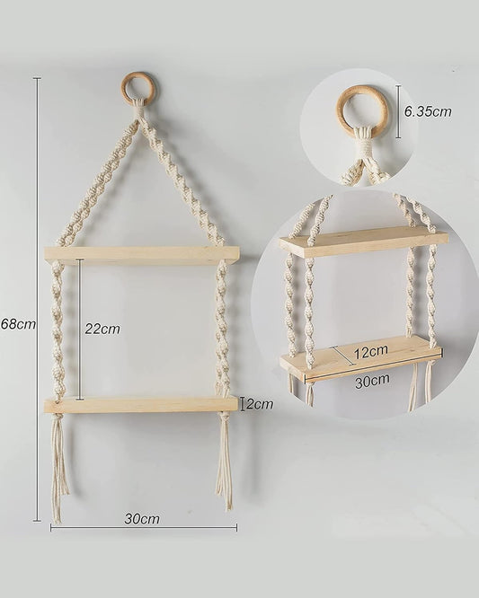 2-Tier Macrame Floating Wall Shelf Hanging Wooden Shelves