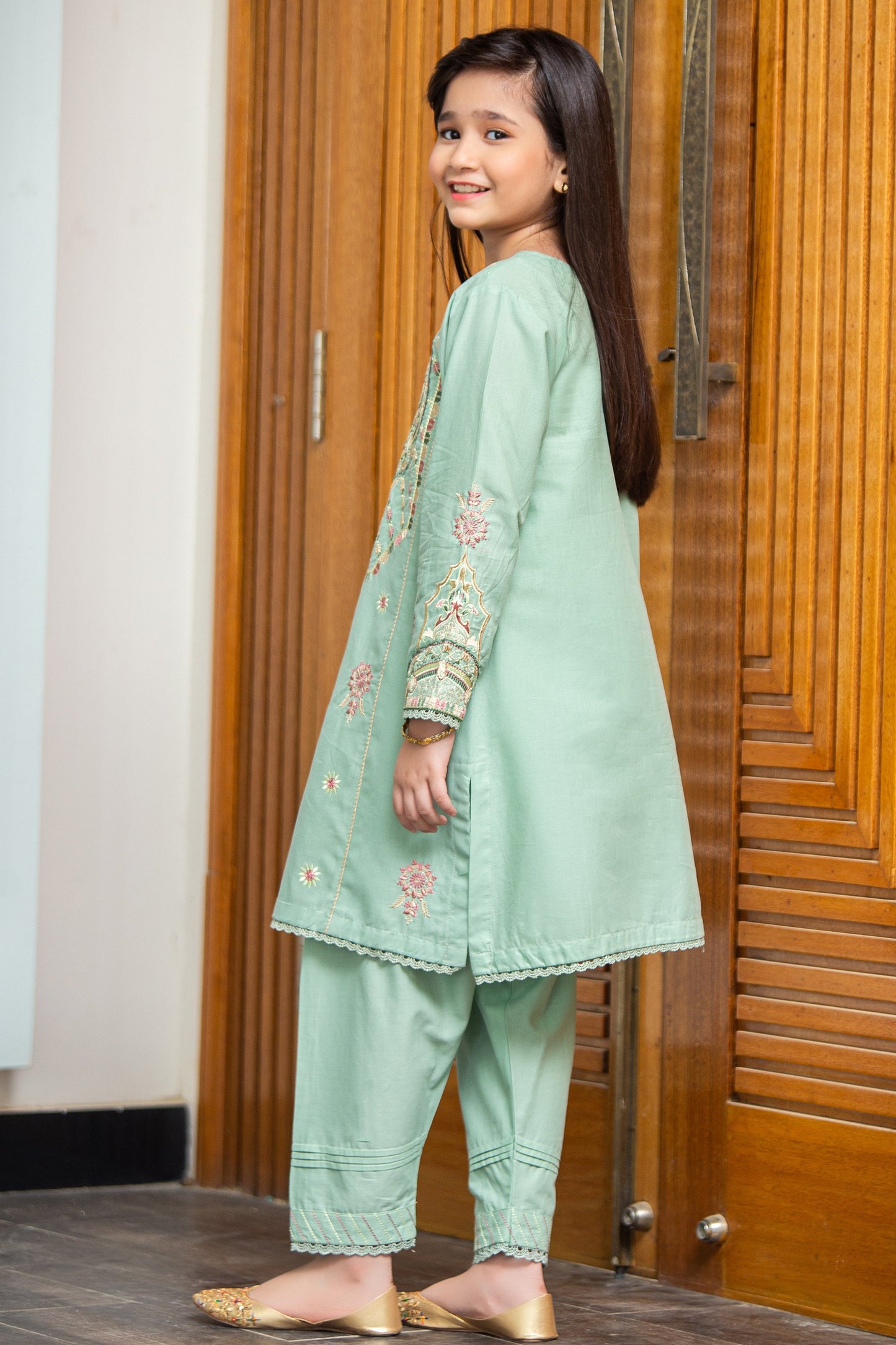 2PCS-055, Apple green cotton lawn 2 pc dress with light multi color embroidery