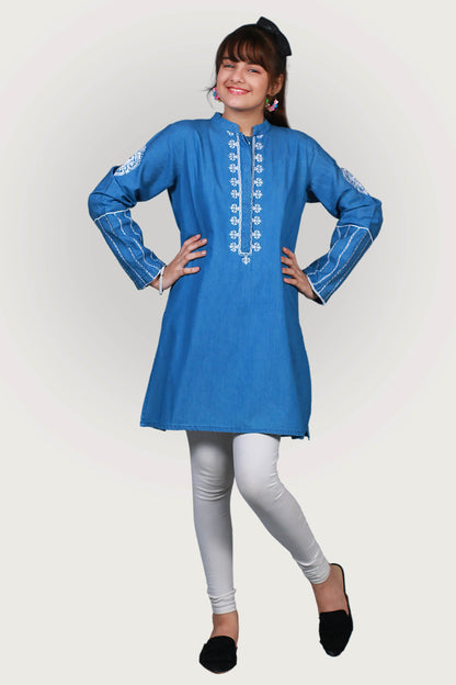 JEANS TENSILE EMBROIDRED FROCK SKU: KHW-0026