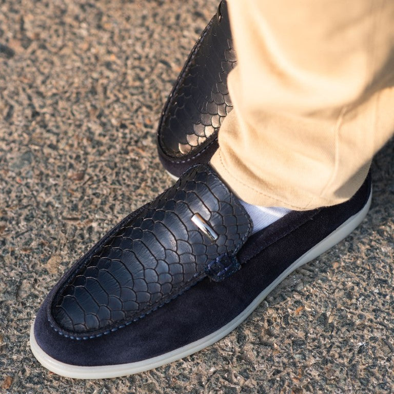 Menaes Turkish-Made Crocodile Style Suede Leather Shoes in Blue