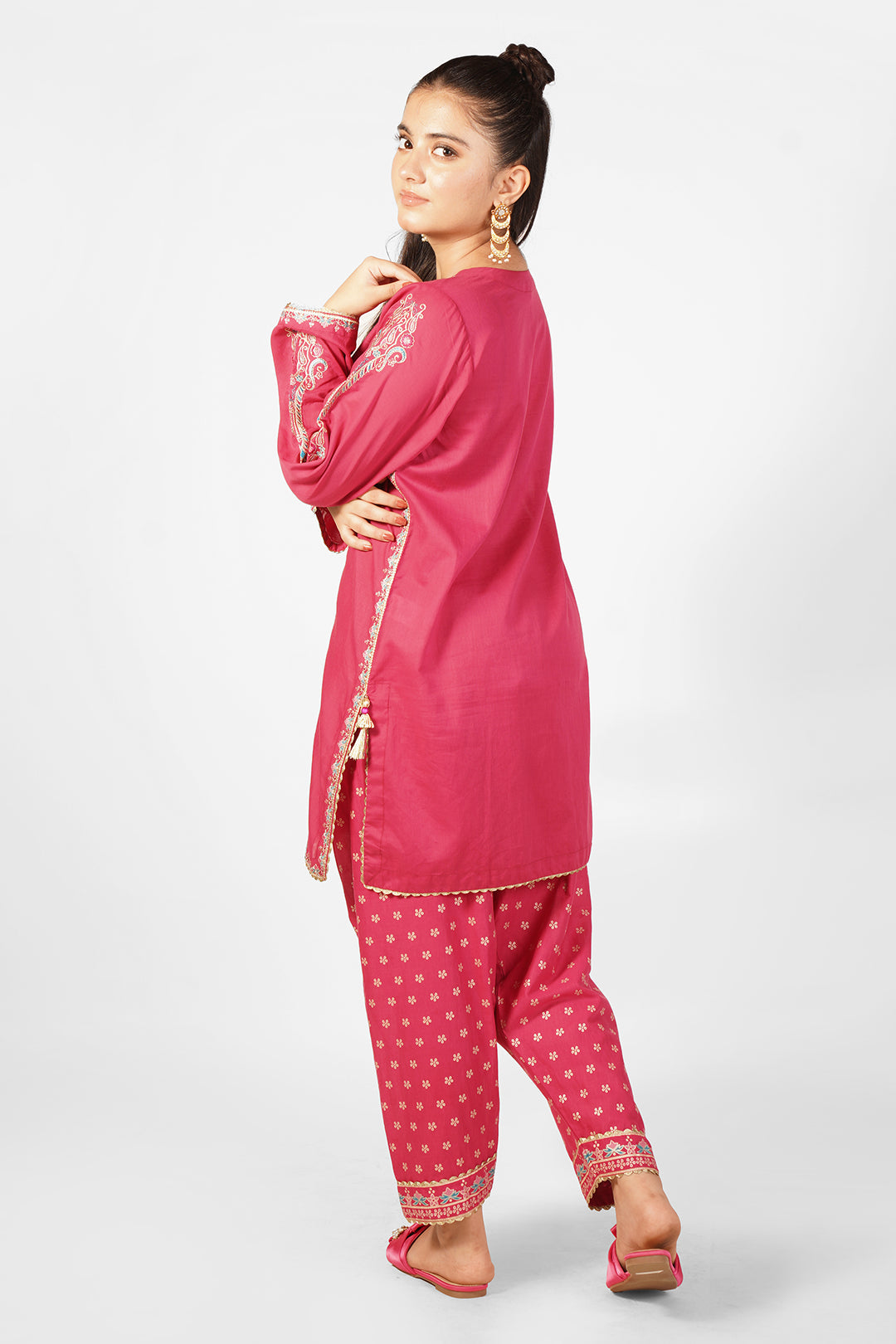 2PCS Embroidered with table print Suit in Dark Pink SKU: SFC-198