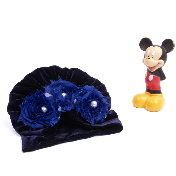 Baby Velvet Turban Hat Navy Blue Fancy Flowers Bunch