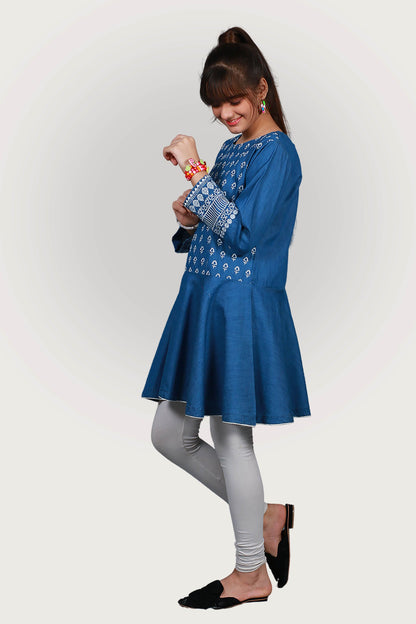 JEANS TENSILE EMBROIDRED FROCK SKU: KHW-0025
