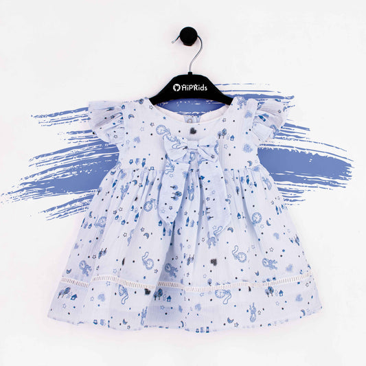 Baby Girl Blue Bow Printed Cotton Frock