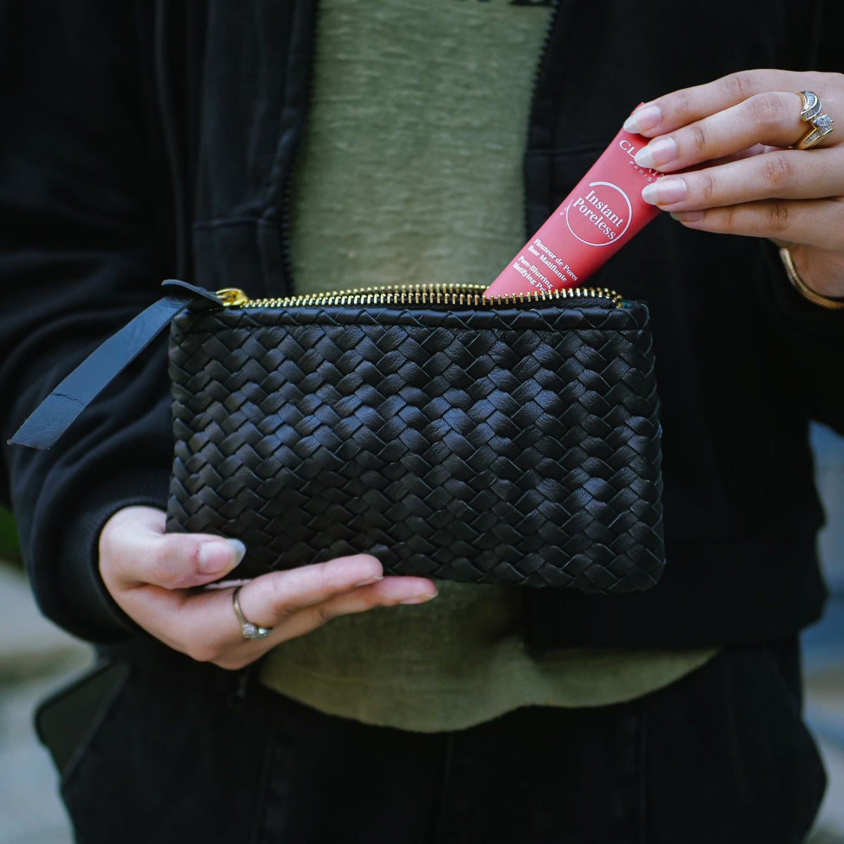 Coffer Mini Handwoven Leather Zipper Clutch-Black