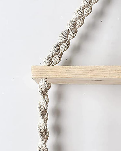 2-Tier Macrame Floating Wall Shelf Hanging Wooden Shelves