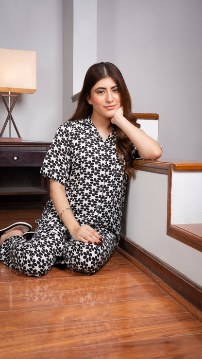 Black Flowers Half Sleeves PJ Set