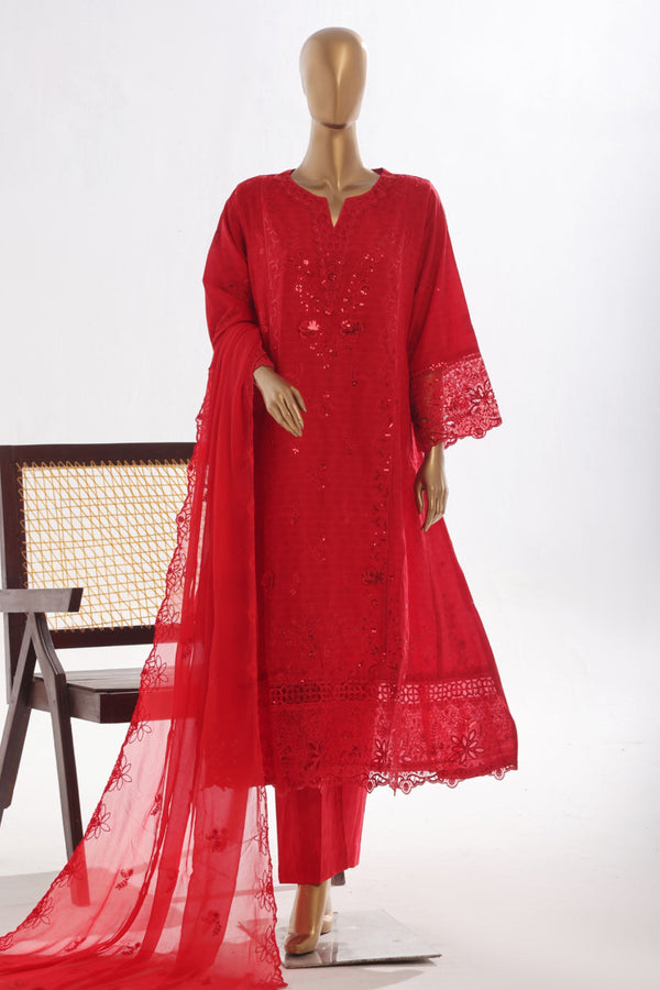 Bin Saeed Stitched 3 Piece Luxury Self & Self Frock Collection-SMK-1596-Red