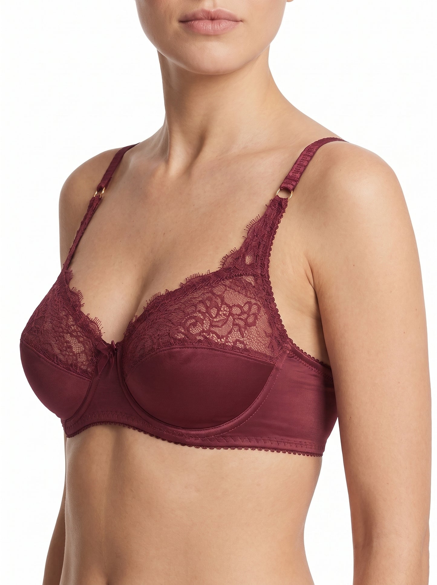 ROMANCE Forever, Half Lace Unpadded Polyester Jersey Bra, MAROON