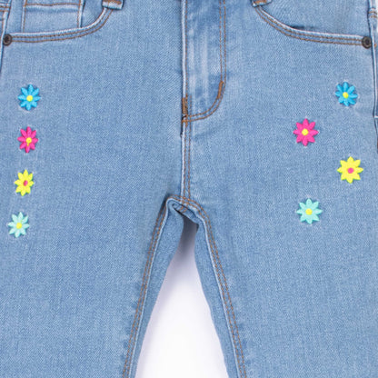 Girl Blue Multi Embroidered Flower Denim Bell Bottom