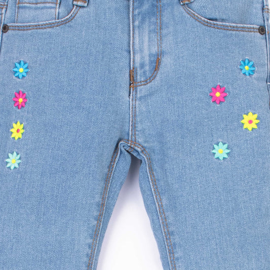 Girl Blue Multi Embroidered Flower Denim Bell Bottom