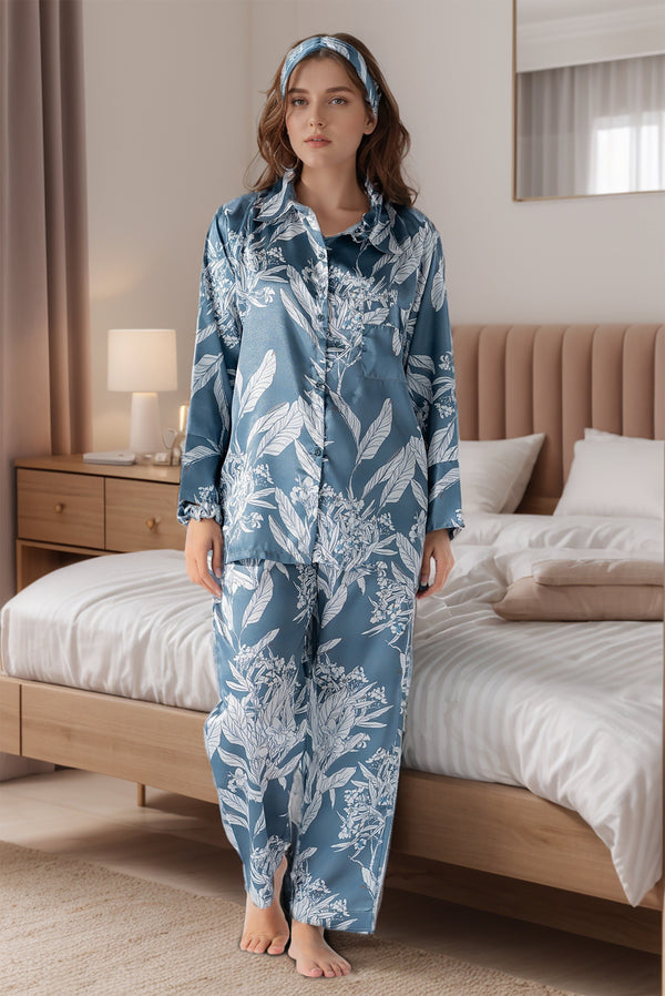 Studio By Arj Rue' Rofe' Dreamy Nightwear Casual Daily Wear women Green Blue Leaf printed silky Finish night wear Pajama Set